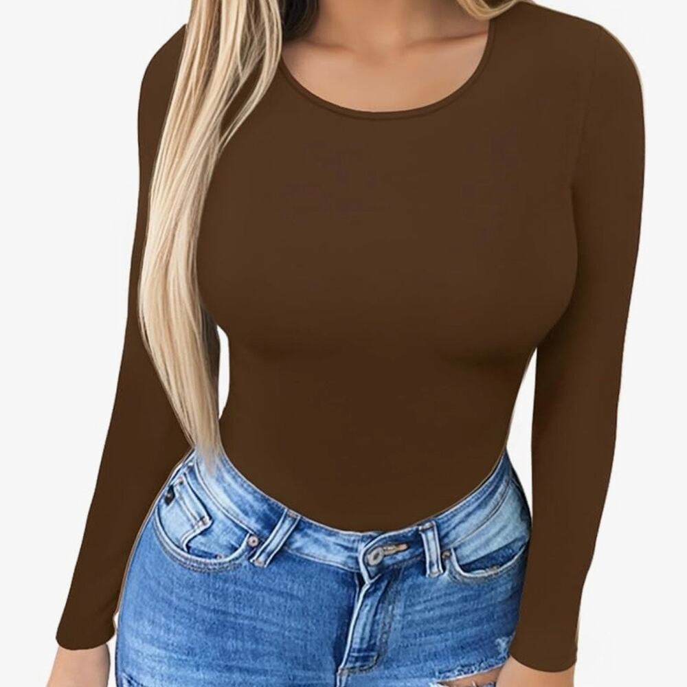 MANGOPOP Round Neck Long Sleeve Bodysuit Women In Brown Sz‎ M